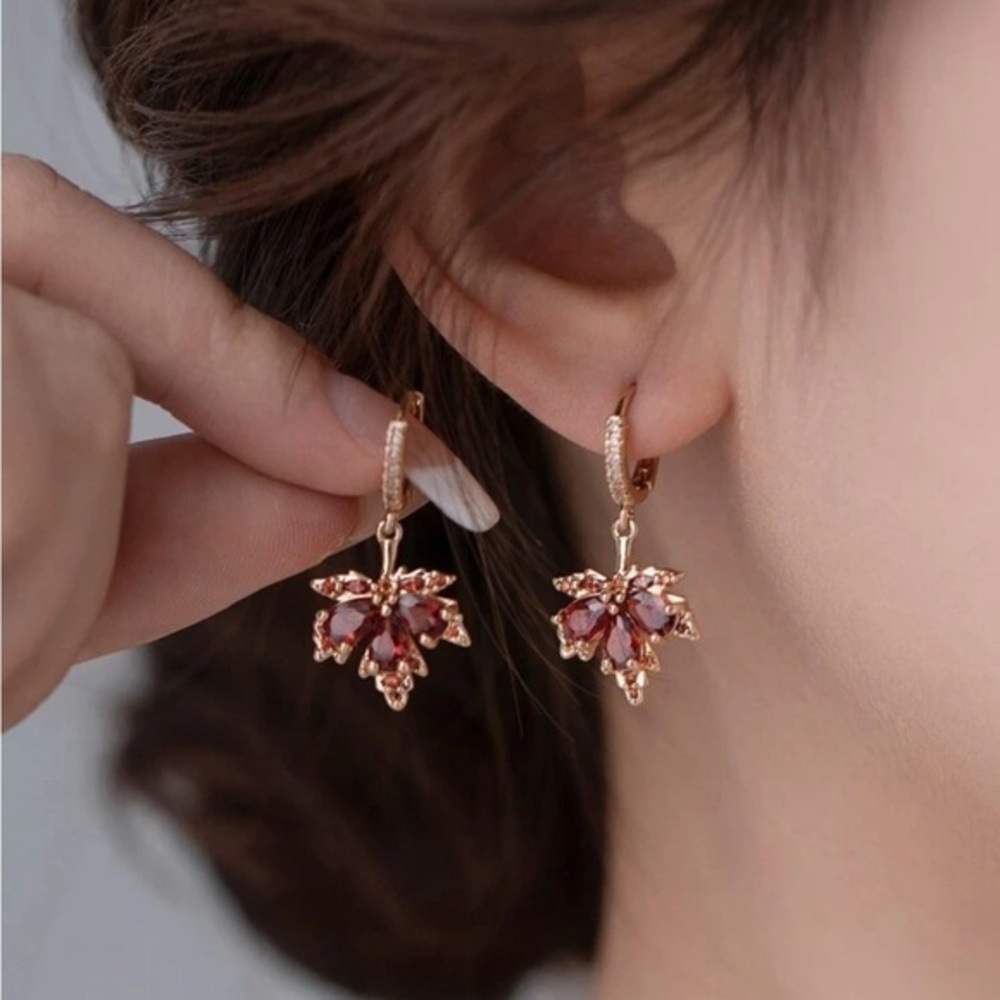 Burgundy Crystal Maple Leaf Drop Earrings Gold